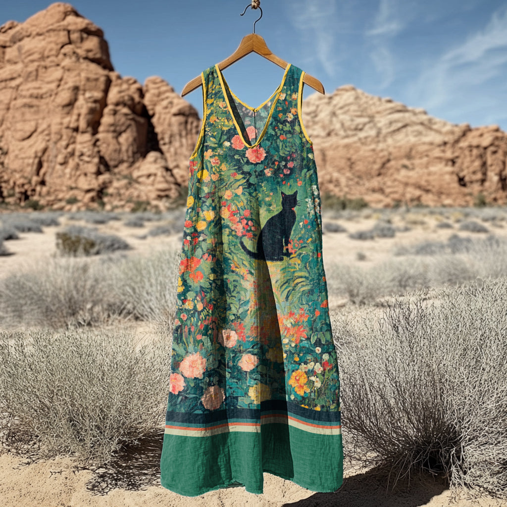 Women's Vintage Cat Floral Art Linen Tank Dress elevenforest