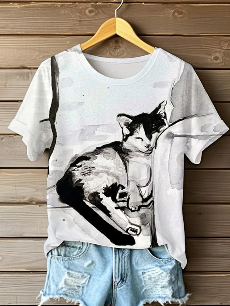 Women's Cute Animal Cat Ink Painting Pattern Print Round Neck T-shirt elevenforest