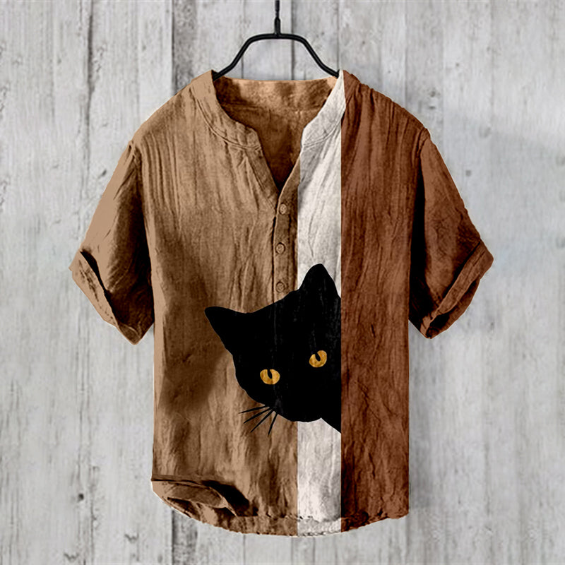 Japanese Abstract Black Cat Art Print Linen Blend Shirt elevenforest