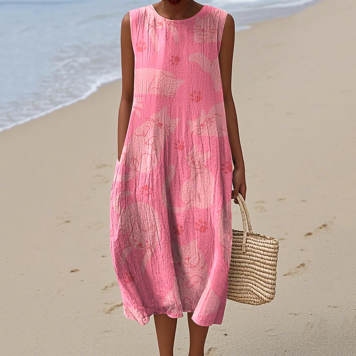 Women's Cute Cat Art Sleeveless Dress elevenforest