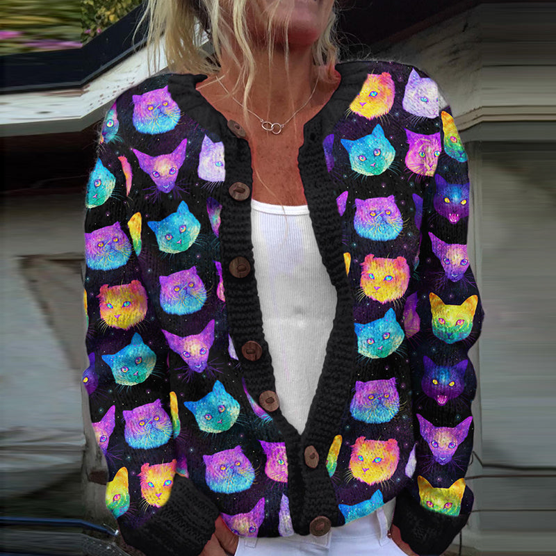 Retro Colorful Cat Pattern Knitted Jacquard Warm Sweater Cardigan elevenforest