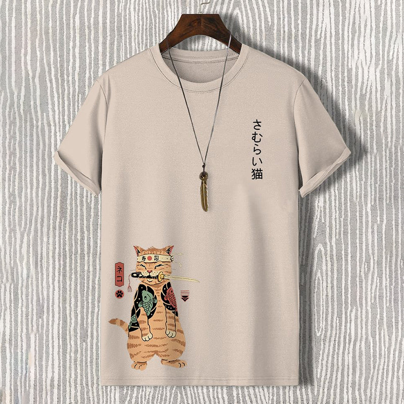 Men'S Japanese Sushi Samurai Cat Print Casual T-Shirt elevenforest