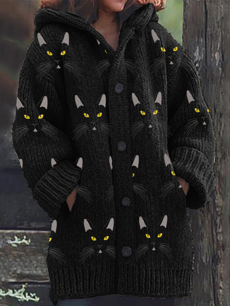 Black Cat Faces Embroidered Pattern Cozy Knit Hooded Cardigan elevenforest