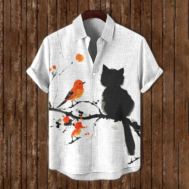 Men's Black Cat And Bird Ink Wash Art Print Short Sleeve Shirt elevenforest
