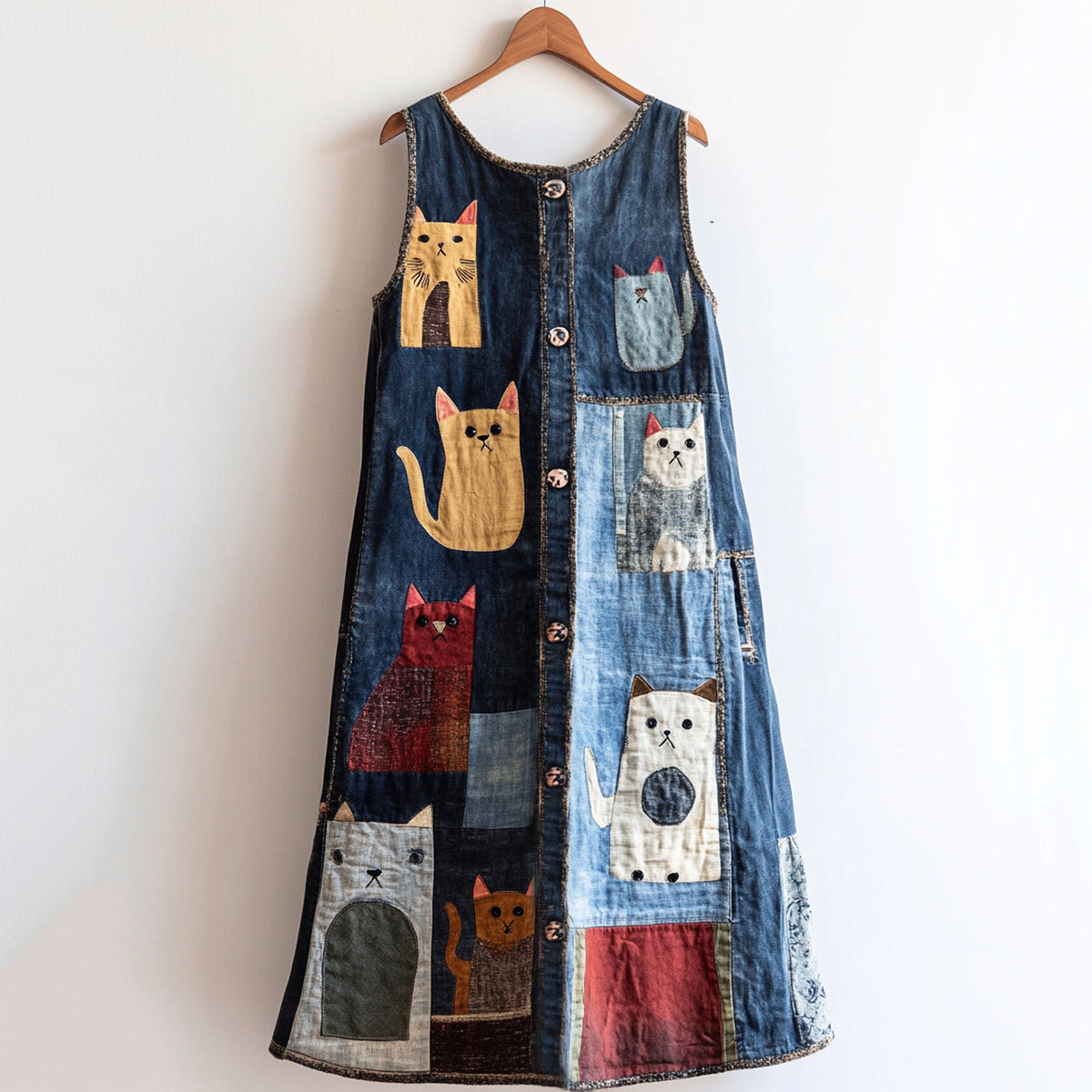 Casual Pop Art Patchwork Denim Cat Print Vest Dress elevenforest