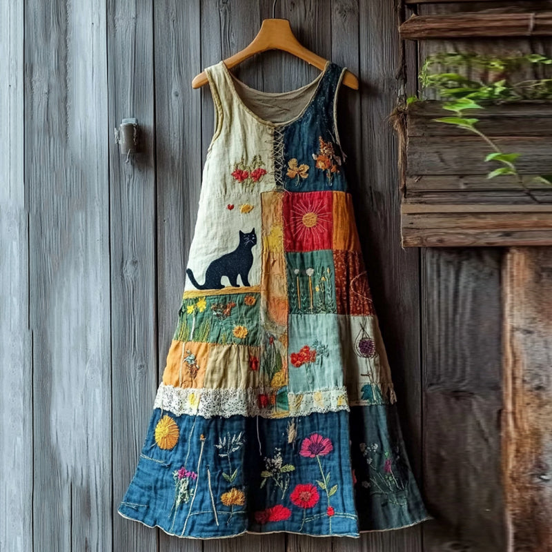 Women's Retro Black Cat And Patch Work Art Sleeveless Dress elevenforest