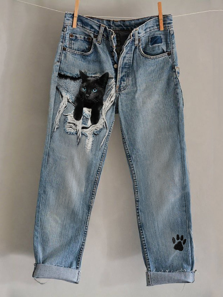 Black Cat Frayed Crack Paw Print Embroidered Washed Jeans elevenforest