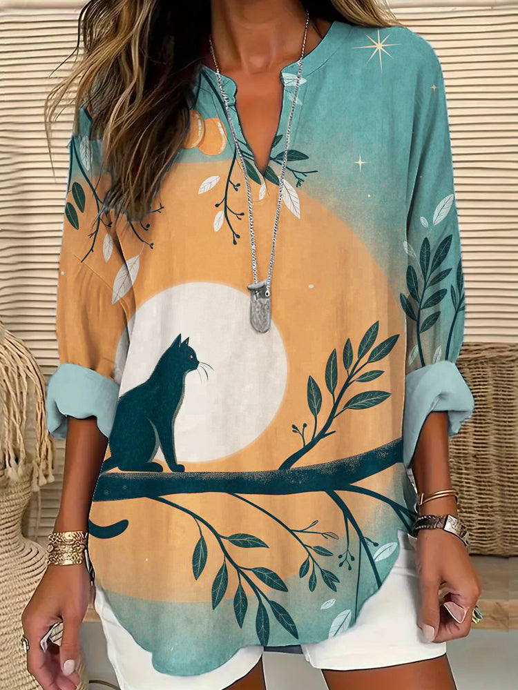 Japanese Cat Pattern Women's Linen Shirt elevenforest