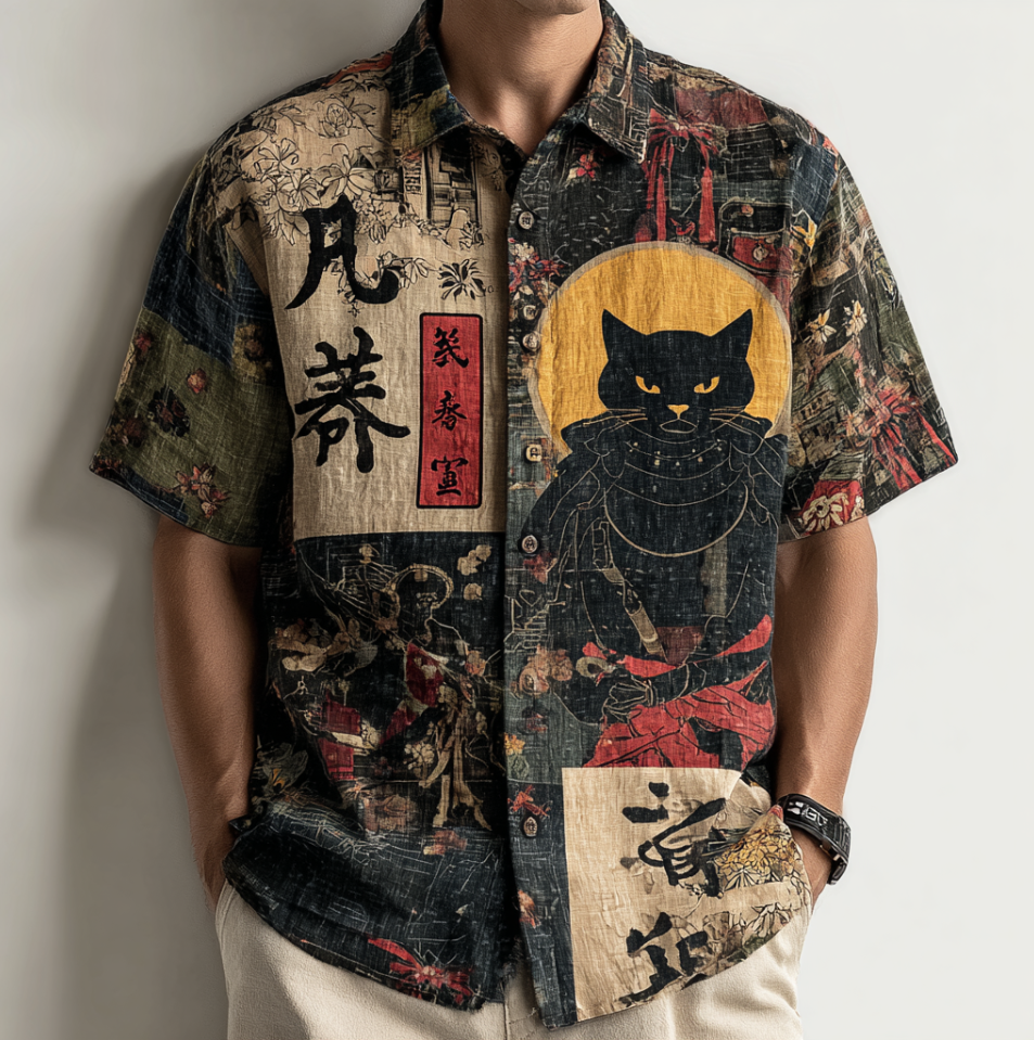 Japanese Art Taste Cat Men Cotton And Linen Short Sleeve Shirt elevenforest