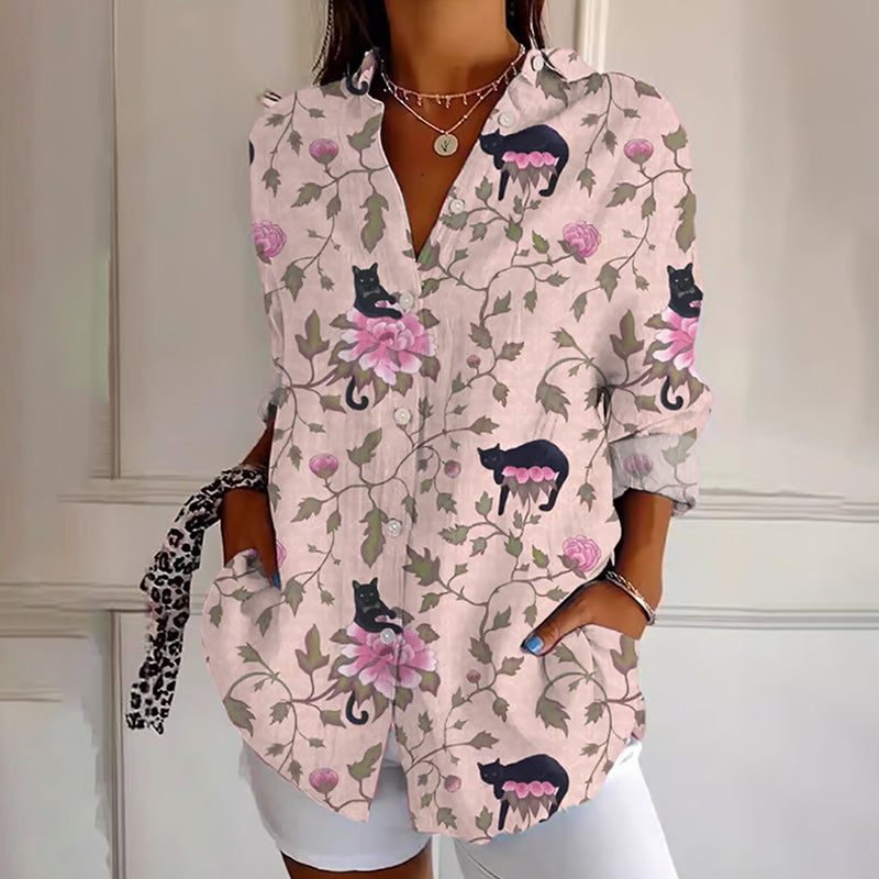 Women's Vintage Floral Cat Cotton And Linen Shirt elevenforest