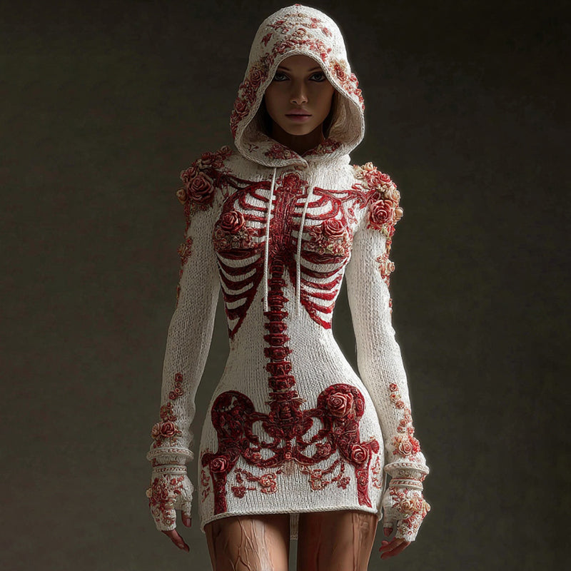 Vintage Skeleton Anatomy Roses Hooded Sweater Dress artswardrobe