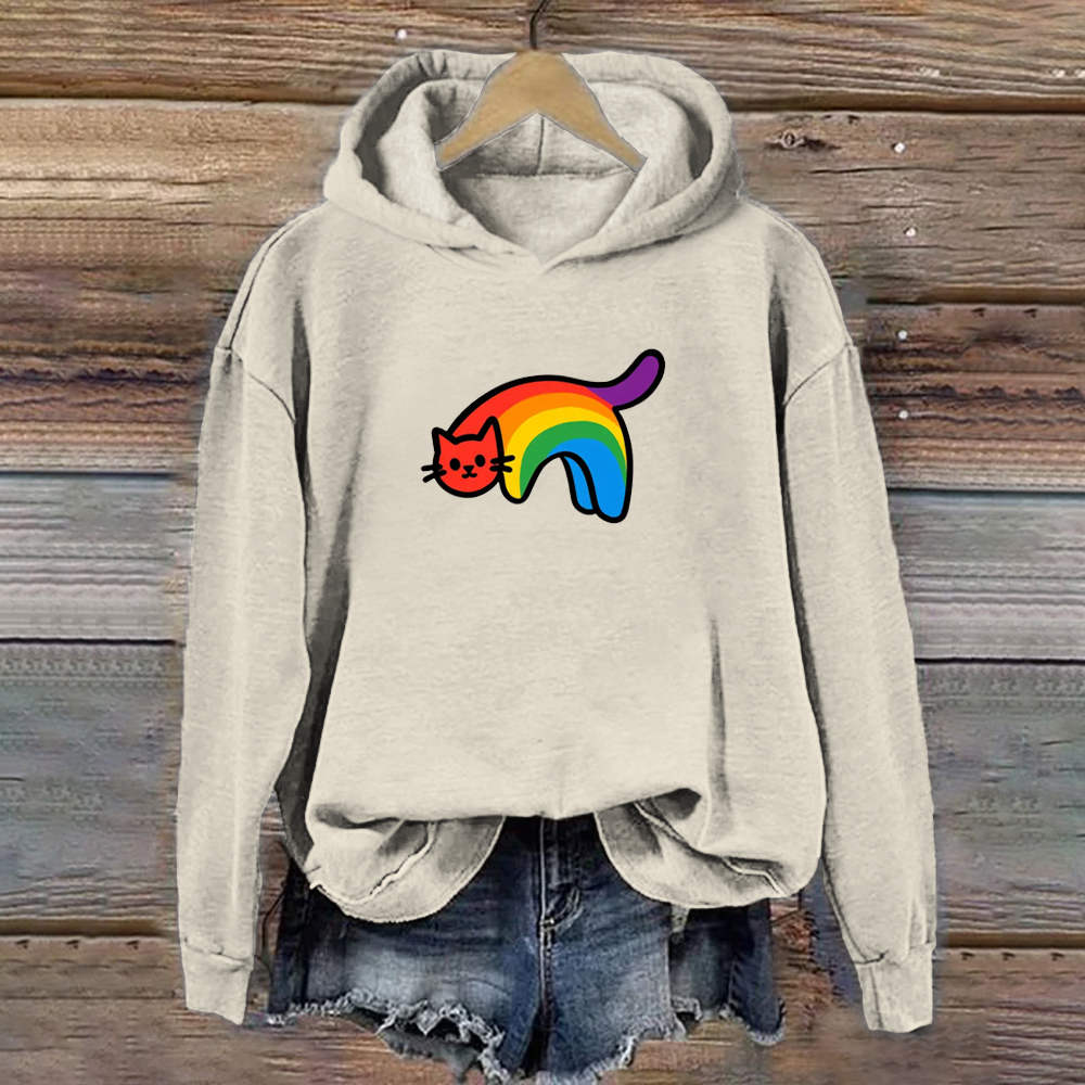 Rainbow Cat Print Casual Hooded Sweatshirt elevenforest