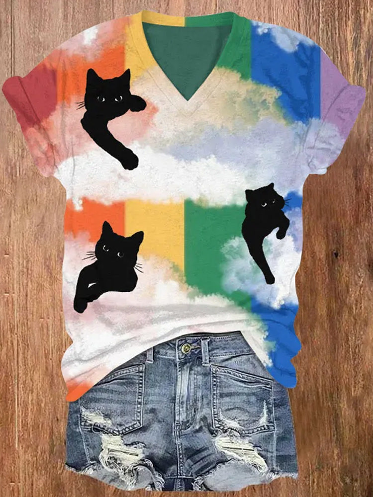 Women's Black Cat On Rainbow Clouds Print V-neck T-shirt elevenforest