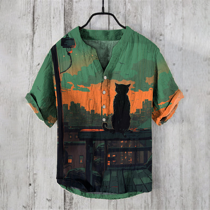 Sunset Landscape Cat Back View Art Print V Neck Shirt elevenforest
