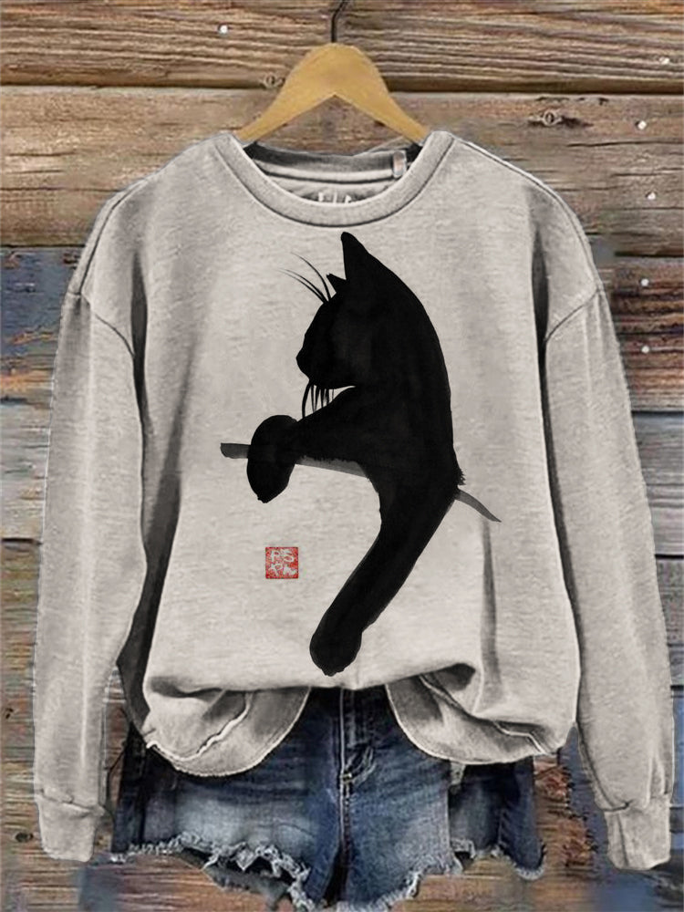 Lovely Black Cat Art Graphic Vintage Cozy Sweatshirt elevenforest