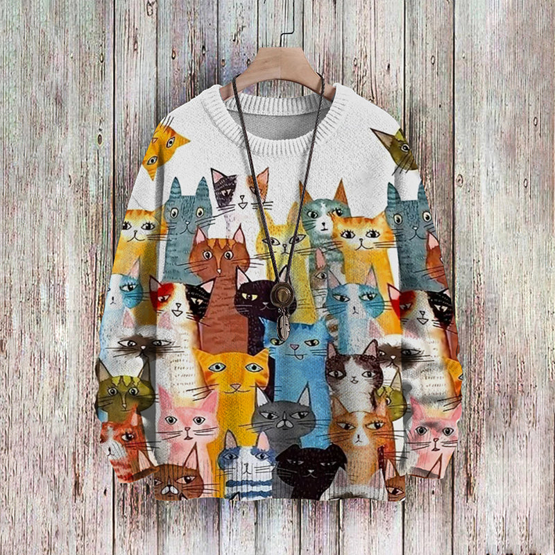 Men's Sweater Cat Party Pattern Pullover Print Casual Sweater elevenforest