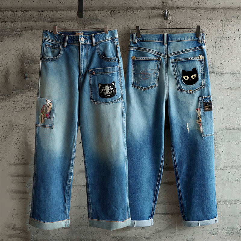 Casual Retro Fun Pocket Cat Print Contrast Jeans elevenforest