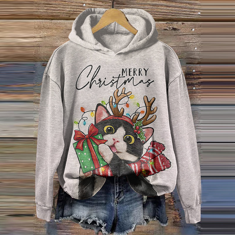 Retro Merry Christmas Elk Cat Print Hoodie elevenforest