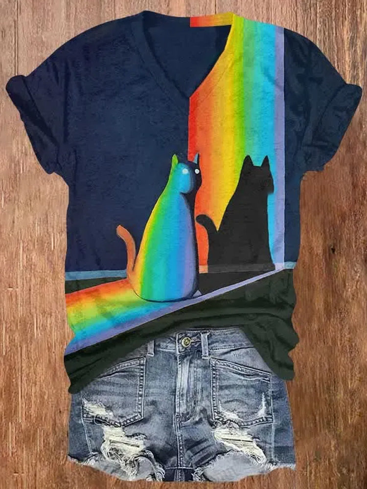Cat In Rainbow Light And Shadow Art Print Casual T-shirt elevenforest