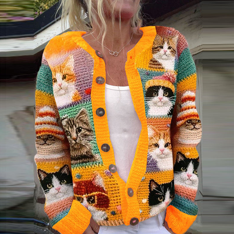 Cat Art Print Casual Knit Cozy Cardigan elevenforest