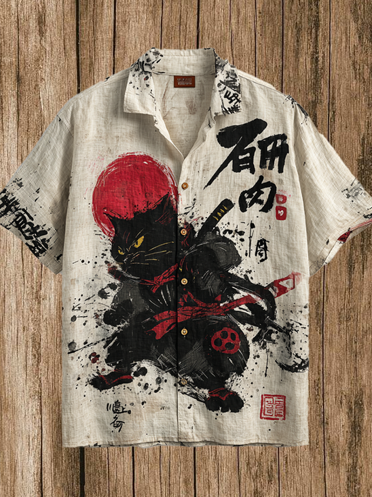 Japanese Art Taste Cat Men Cotton And Linen Short Sleeve Shirt elevenforest