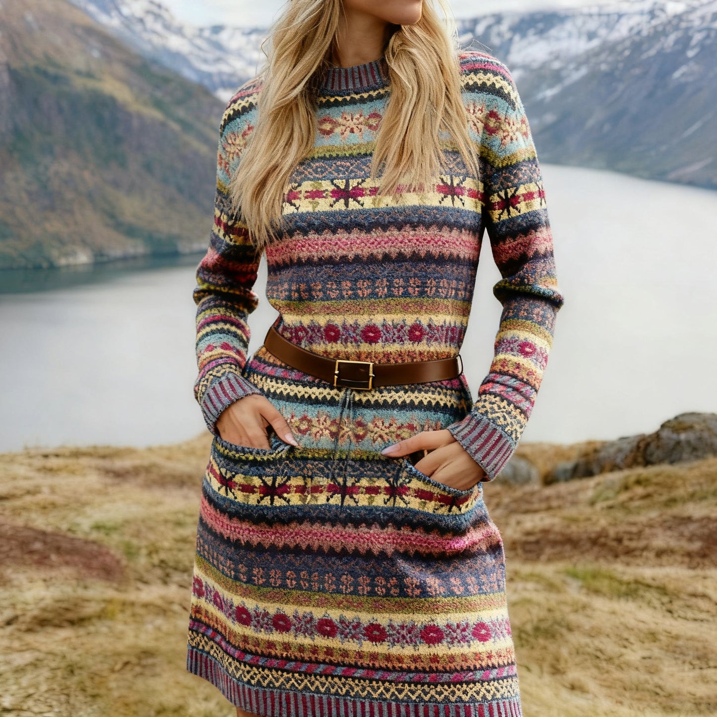 Vintage Fairman Island Knit Jacquard Crew Neck Sweater Midi Dress artswardrobe