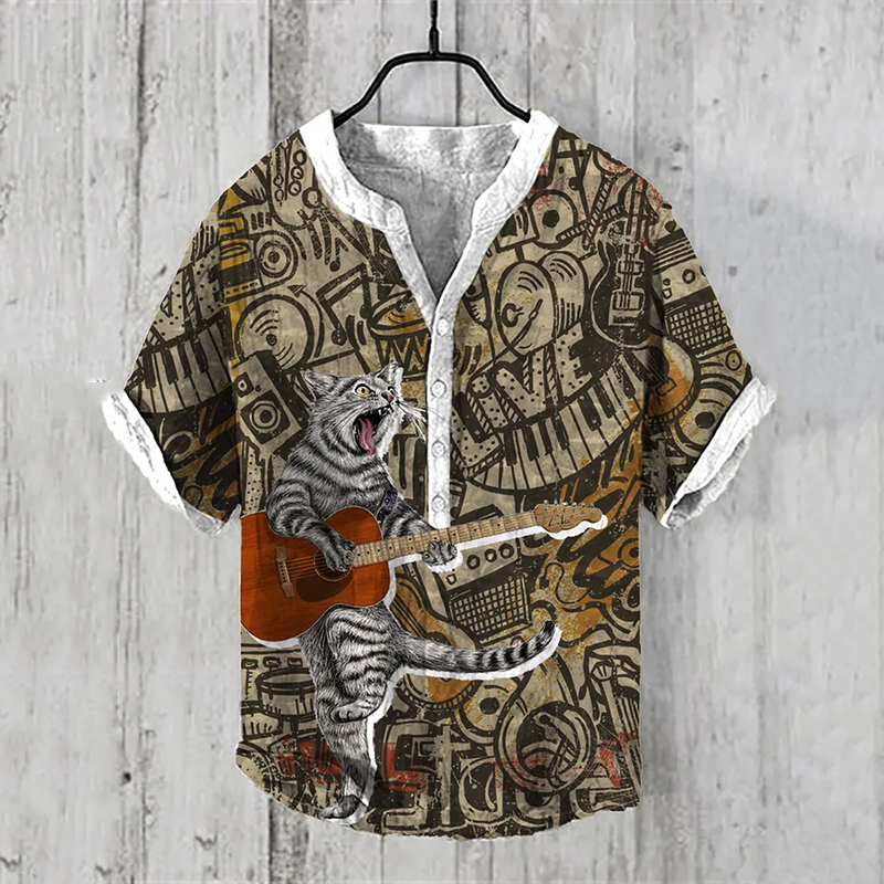 Retro Rock And Roll Cat Music Art Print Half Button Linen Blend Shirt elevenforest