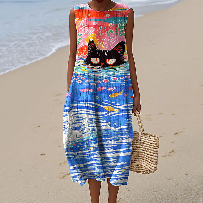 Abstract Creative Oil Cat Painting Art Linen Tank Dress elevenforest