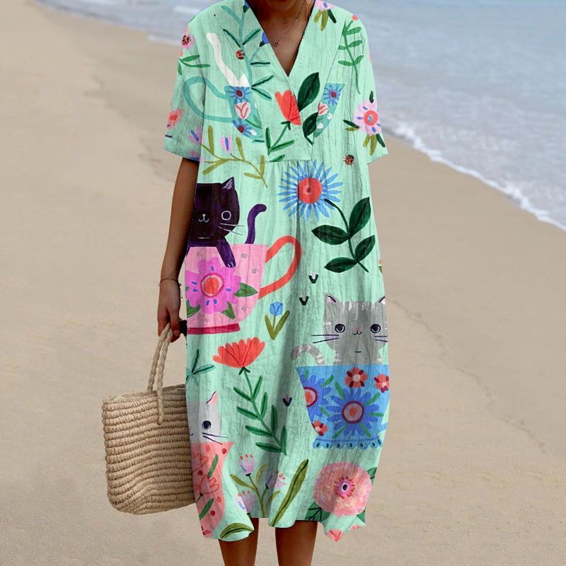 Women's Cup Floral Cat Art Print V-neck Dress elevenforest