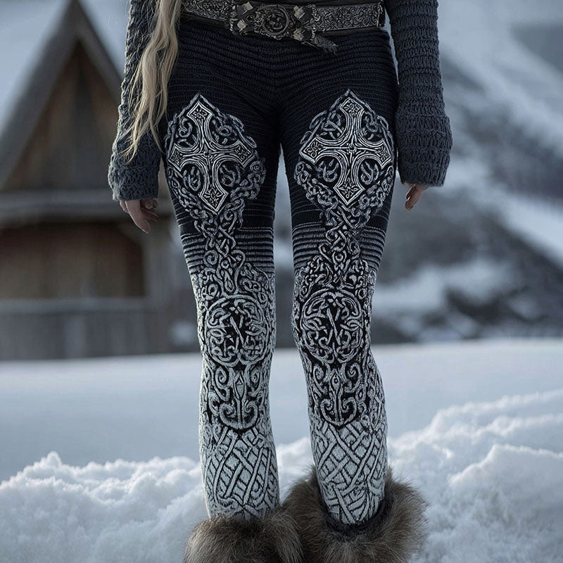 Women's Retro Viking Cross Celtic Knot Stripe Gradient Jacquard Art Cozy Leggings artswardrobe