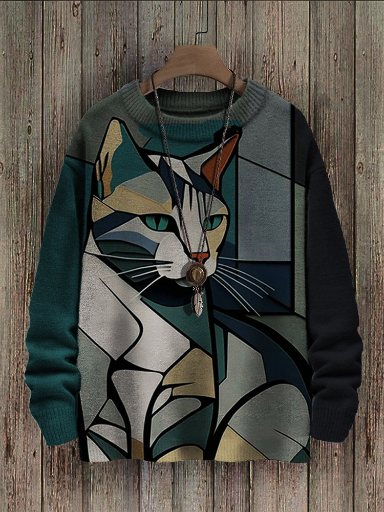 Men's Cat Colorblock Geometric Art Cozy Sweater elevenforest