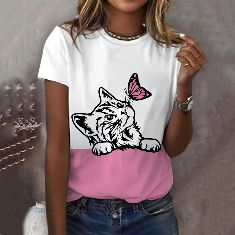 Abstract Creative Cute Cat Play With Butterfly Art Print Cotton Graphic T-shirt elevenforest