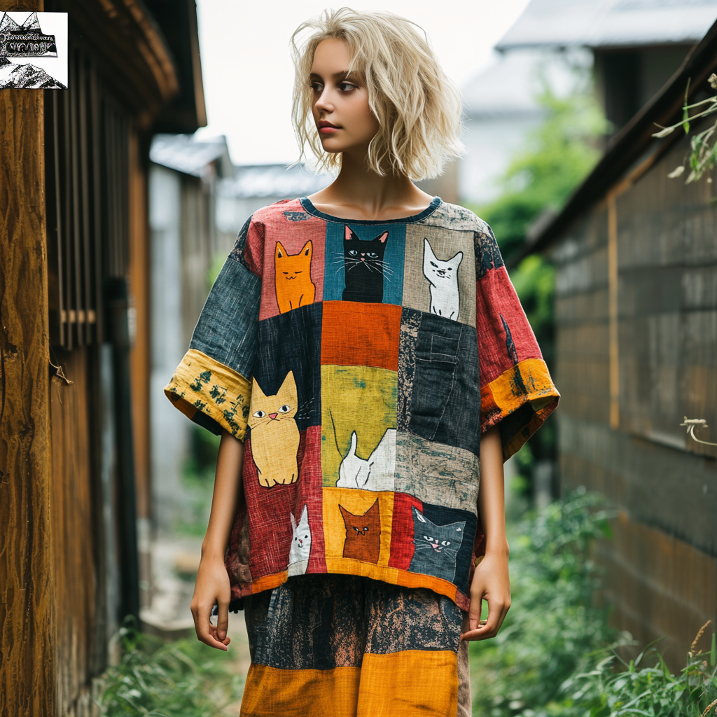 Women's Pop Art Cat Expression Contrast Patchwork T-shirt elevenforest