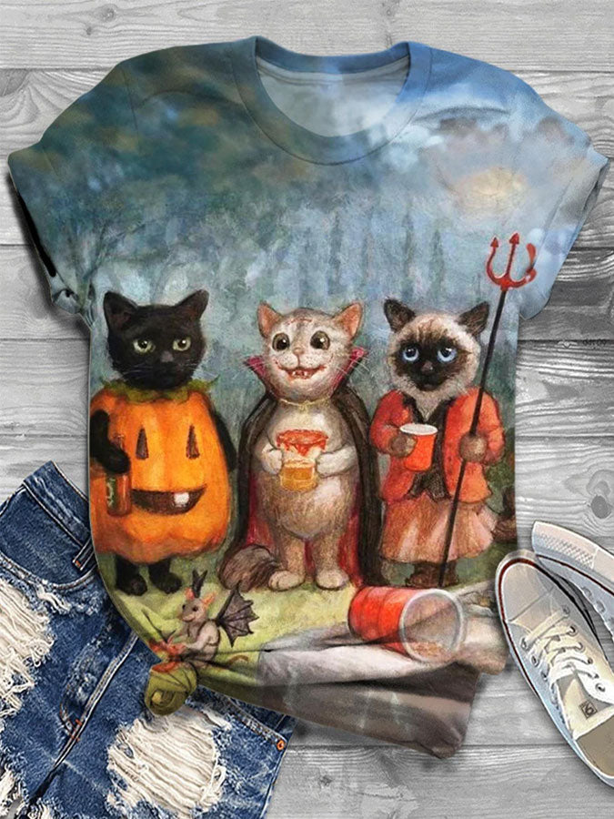 Women's Halloween Cat Print Casual T-Shirt elevenforest