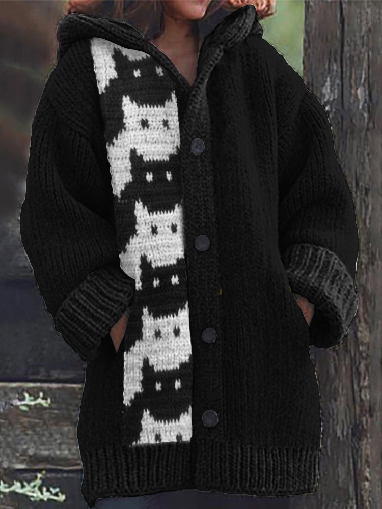 Black & White Cats Knit Cozy Hooded Cardigan elevenforest