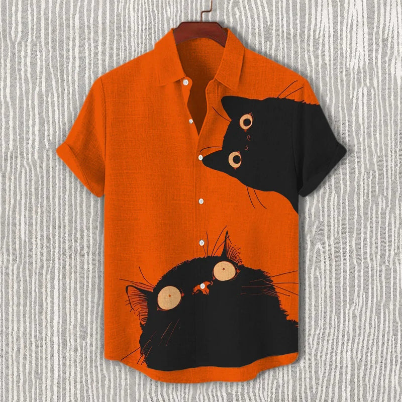 Men's Black Cat Print Short Sleeve Shirt elevenforest