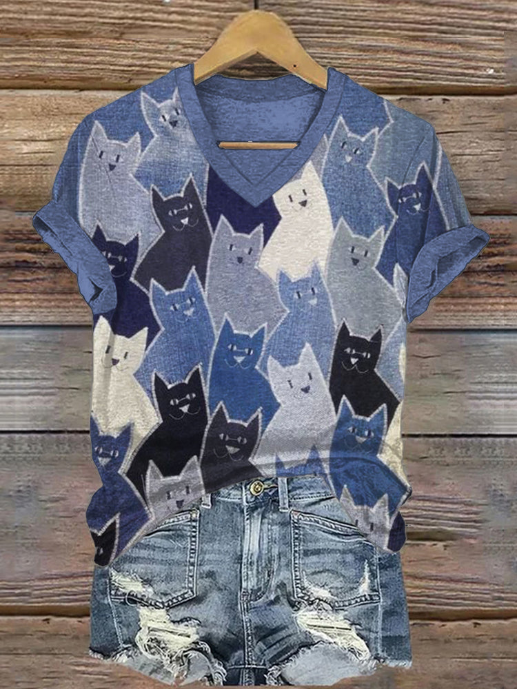 Crowded Cats Denim Patchwork V Neck T Shirt elevenforest