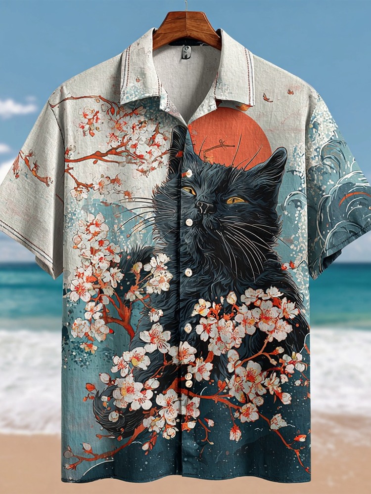 Japanese Art Style Cat And Cherry Blossom Elements Men's Short Sleeve Shirt elevenforest