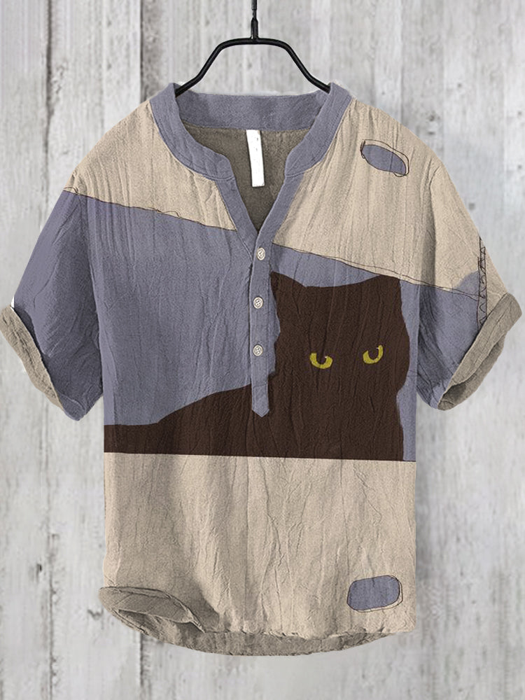 Japanese Black Cat Print Men's Linen V-Neck Shirt elevenforest
