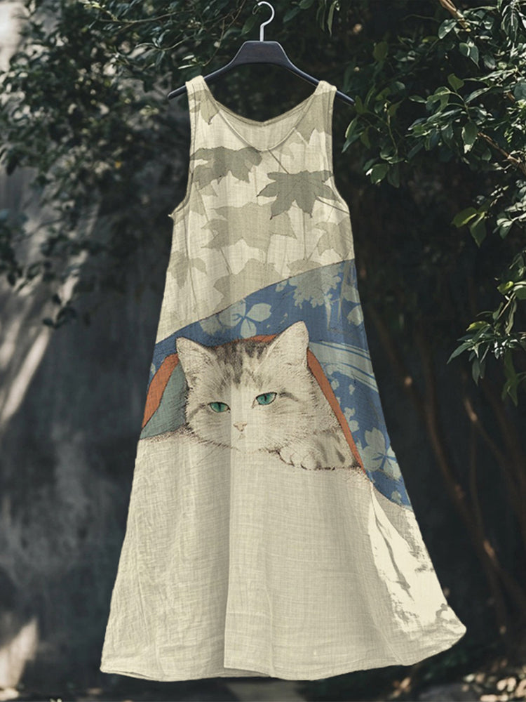 Lovely Cat Japanese Art V Neck Linen Maxi Dress elevenforest