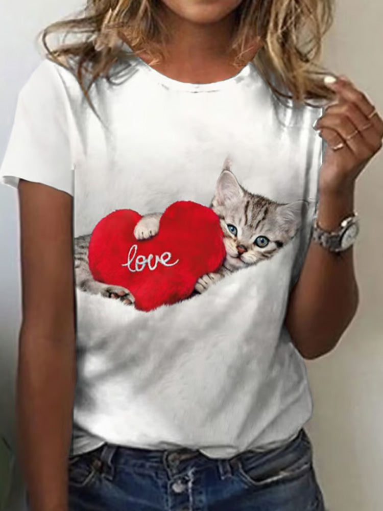 Women's Valentine's Day Cute Cat Love Print T-Shirt elevenforest