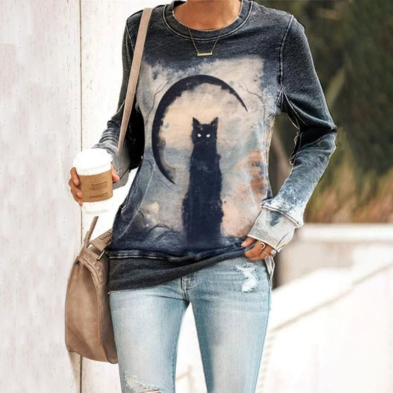 Halloween Vintage Cat Print Sweatshirt elevenforest