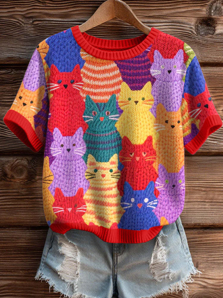 Women's Colorful Cats Pattern Cozy Knit Top elevenforest