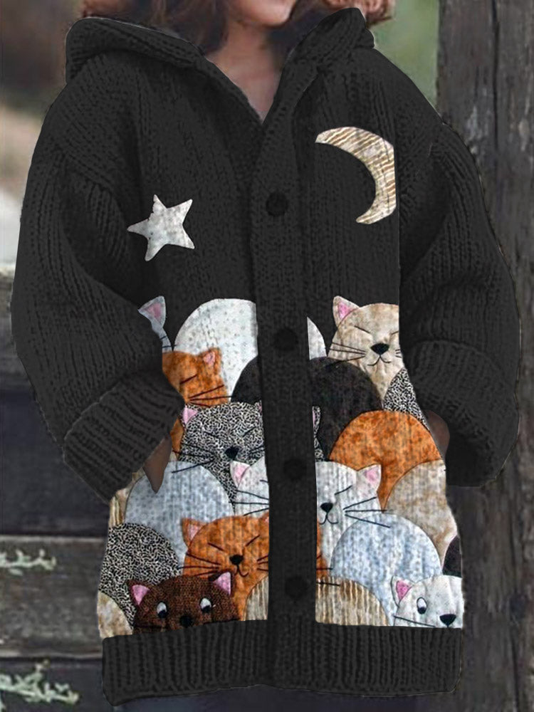 Cute Cat Pattern Knit Hooded Cardigan elevenforest