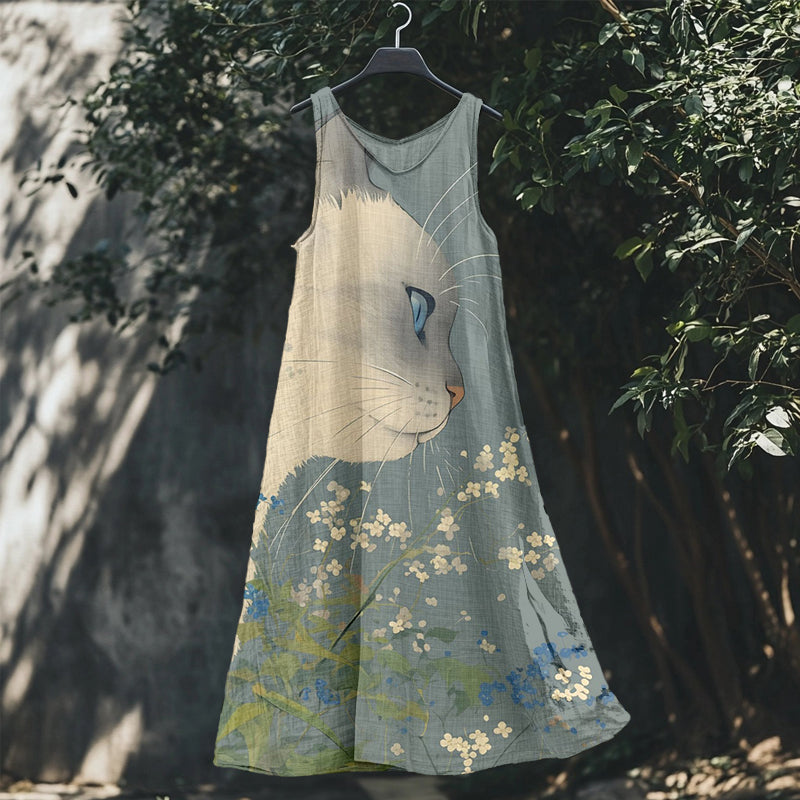 Lovely Cat & Flowers Art Linen Flowy Tank Dress elevenforest