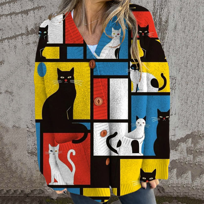 Women's Vintage Geometric Abstract Cat Print Buttoned Cardigan Sweater elevenforest