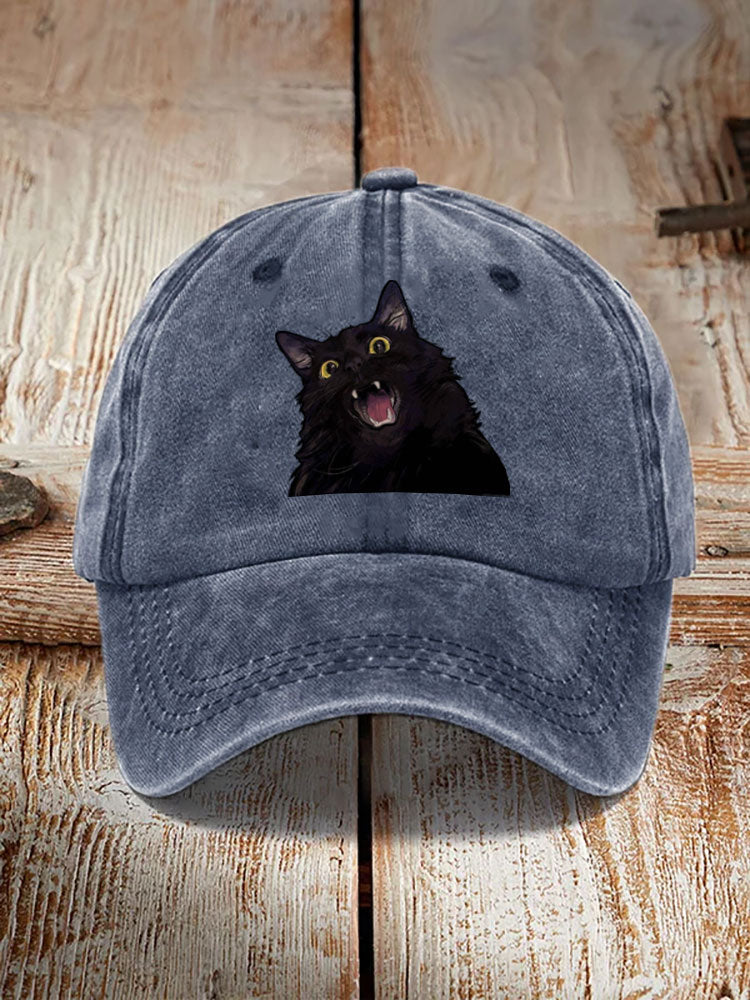 Japanese Art Black Cat Print Washed Hat elevenforest