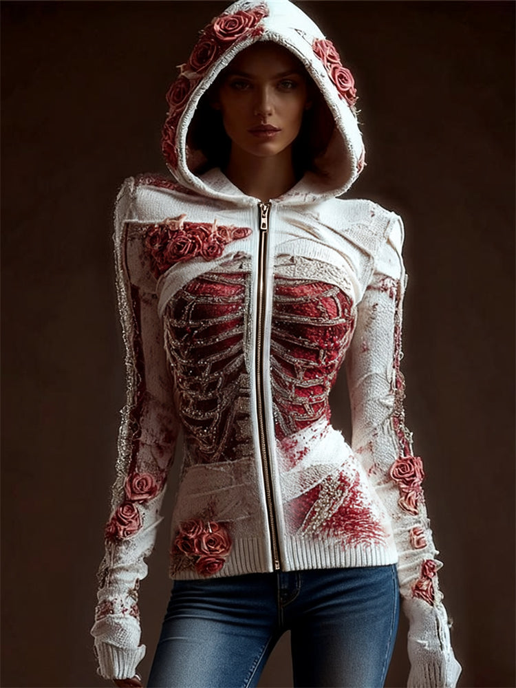 Classy Skeleton Anatomy Bloody Roses Bandages Full Zip Hooded Sweater artswardrobe