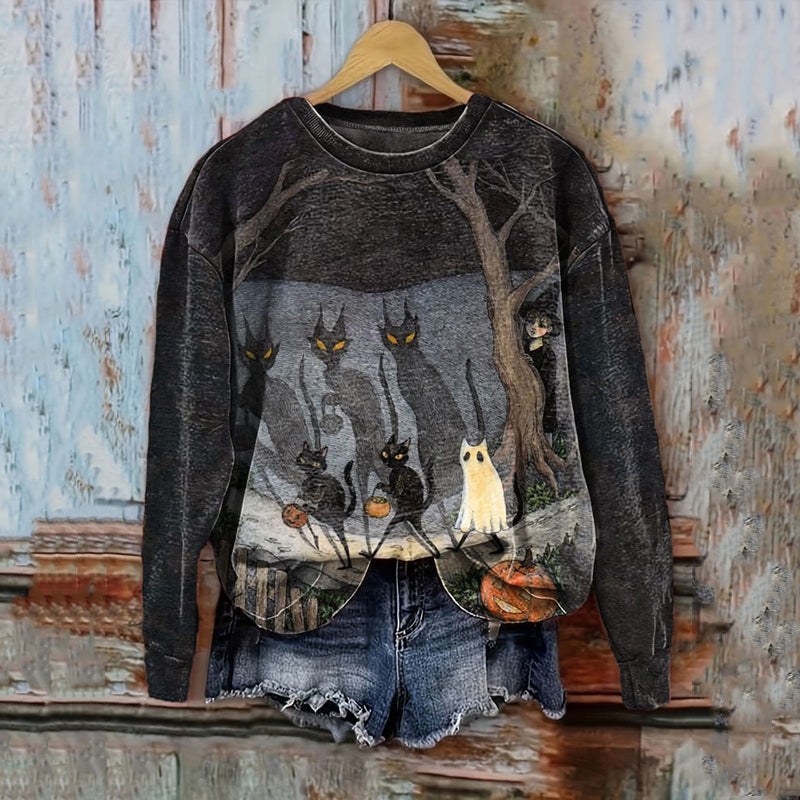 Halloween Black Cat Print Casual Crew Neck Sweatshirt elevenforest
