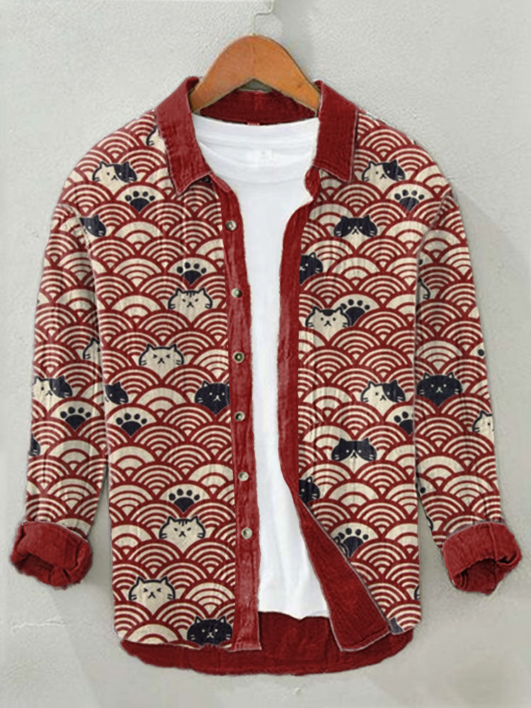 Japanese Art Wave and Cat Print Cozy Cotton Linen Shirt elevenforest